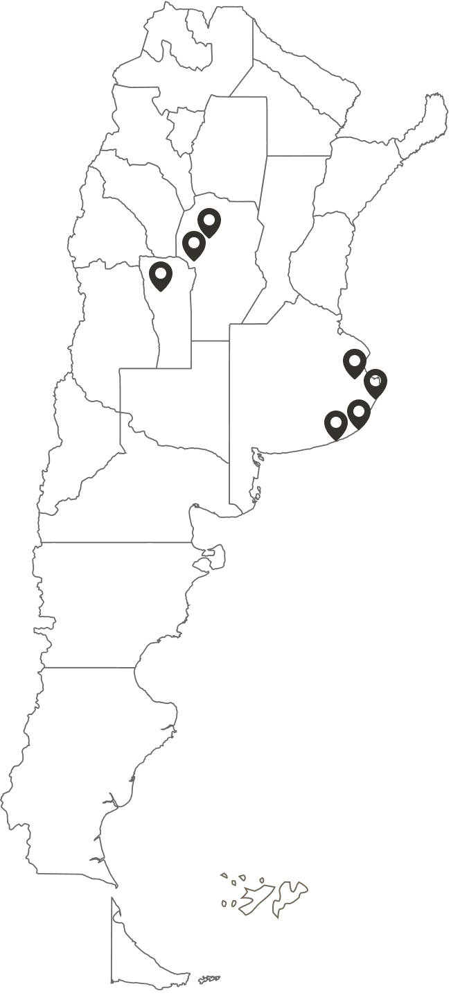 Mapa de Argentina con las ubicaciones de yurtas instaladas por Yurtas Andinas